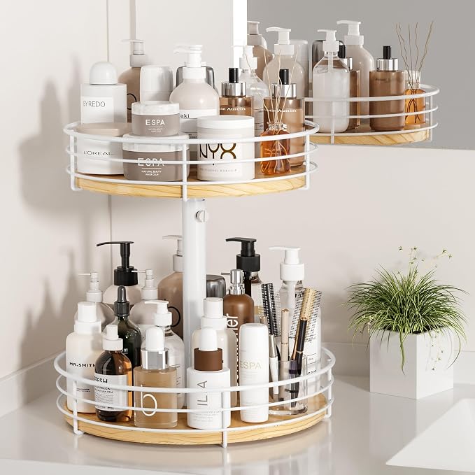 Two Tier Lazy Susan Organizer Turntable, 12 Inch, Rotating Spice Rack, Wood - Image 7