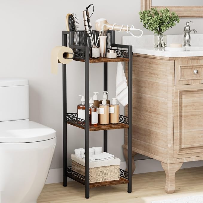 Bathroom Storage Shelf Hair Dryer Holder, 3-Tier Narrow Metal Standing Rack - Image 2