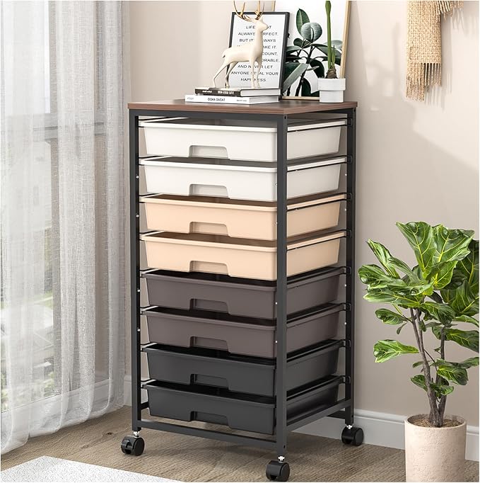 Rolling Carts with Wheels, Utility Cart with 8 Drawers and Wooden Tabletop by SYKIARIOL