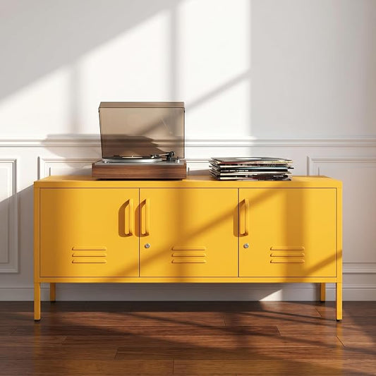 22" H Lockable 3-Door Yellow Industrial Metal TV Cabinet, Freestanding Steel by mkficje
