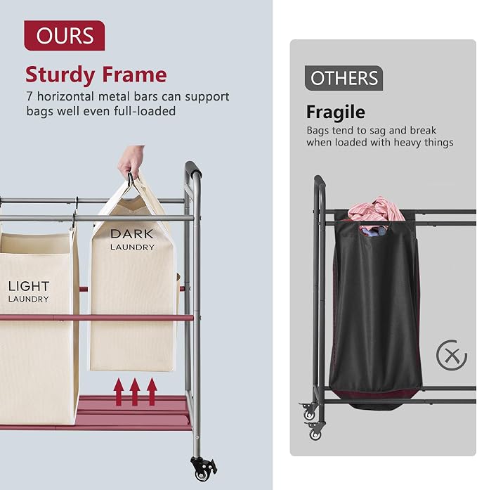 Tajsoon 4 Bag Laundry Sorter Cart, 4 Section Laundry Hamper Sorter - Image 4