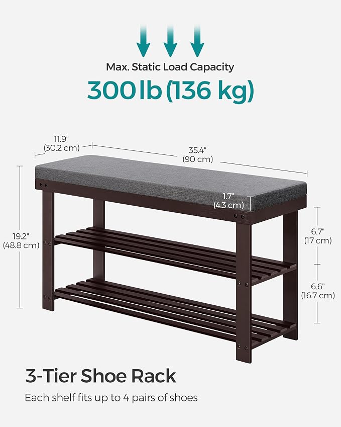SONGMICS Bamboo Shoe Bench, 3-Tier Shoe Rack Organizer - Image 3