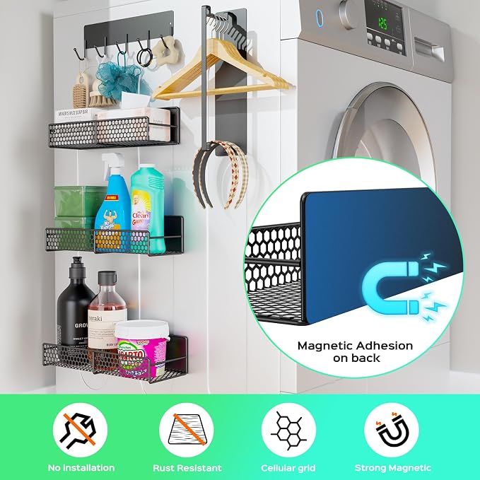 5-Pack Magnetic Shelves for Laundry Room Organization, Strong Hold Refrigerator - Image 2