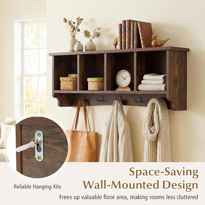 Giantex Wall Mounted Coat Rack, 28.5'' Wooden Floating Shelf - Image 8