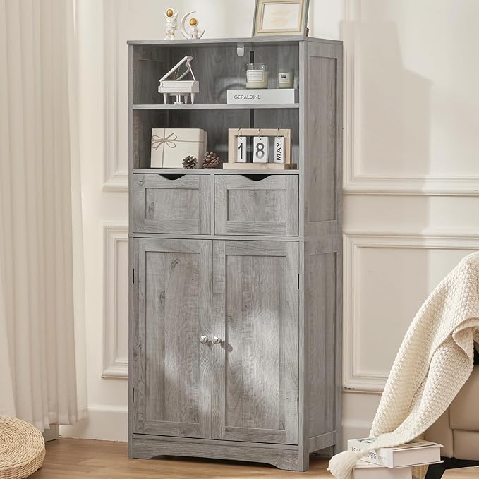 Iwell Storage Cabinet with 2 Drawers & Adjustable Shelf, Tall Bathroom Cabinet - Image 5