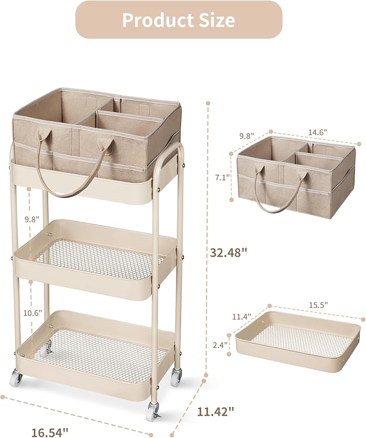 Fortella Baby Diaper Caddy, 3 Tier Rolling Storage Cart - Image 7