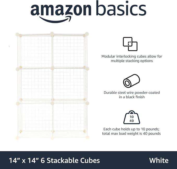 Amazon Basics 6 Cube Wire Grid Storage Organizer, Stackable Storage Cubes - Image 3