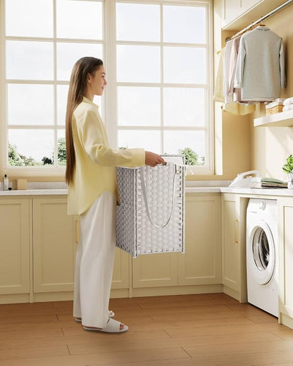 Greenstell Laundry Hamper with Wheels, No Install Needed, 90L Divided Handwoven - Image 2