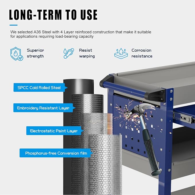 Heavy Duty 3 Tier Tool Cart, Mechanic Metal Rolling Tool Cart - Image 3