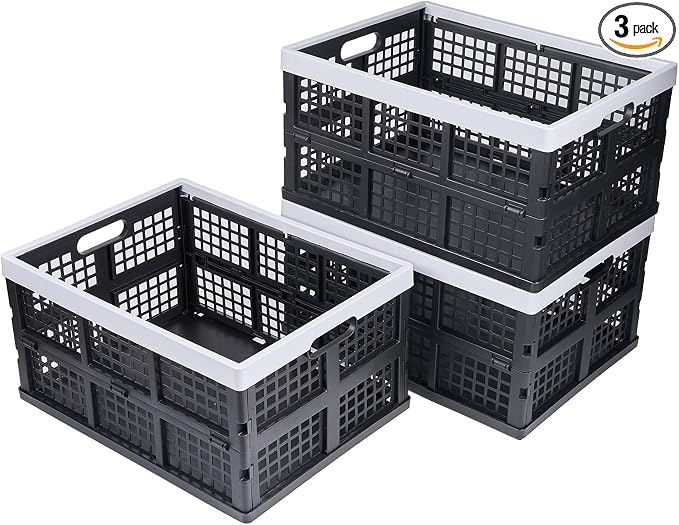 3-Pack Plastic Collapsible Storage Crates-30L, Foldable Plastic Crates by Aebeky