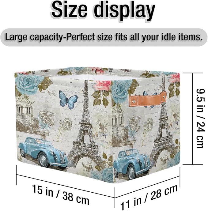 Storage Basket Vintage Paris Eiffel Tower Rose Flower Old Car Storage Cube Box - Image 5