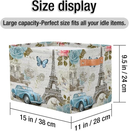 Storage Basket Vintage Paris Eiffel Tower Rose Flower Old Car Storage Cube Box - Image 5