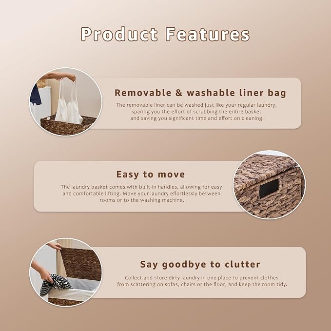 Laundry Hamper with Lid and Removable Liner Bag, Handwoven Natural Hyacinth - Image 3