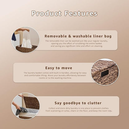Laundry Hamper with Lid and Removable Liner Bag, Handwoven Natural Hyacinth - Image 6