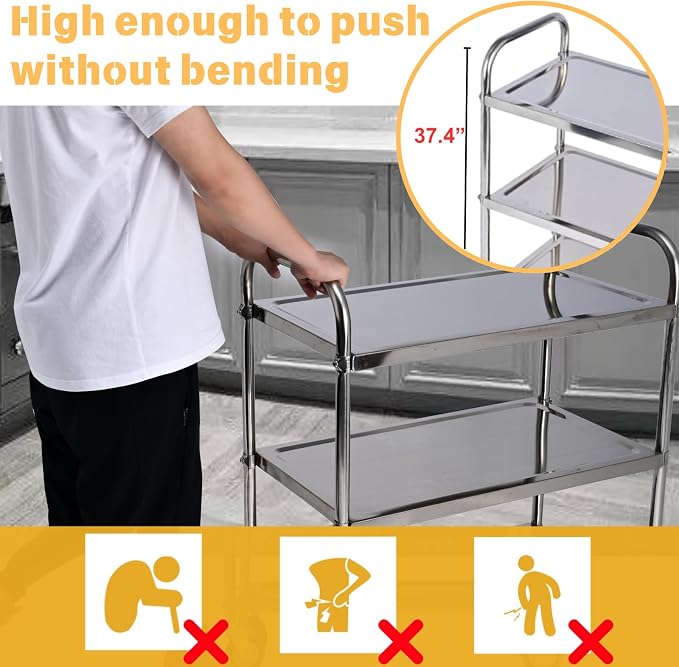 3 Shelf Stainless Steel Cart, 420 lbs, 1MM Thick, Serving - Image 2