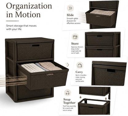 3 Drawer Wide Storage Tower, Cross-Weave Plastic, Espresso Brown | Tool-Free - Image 4