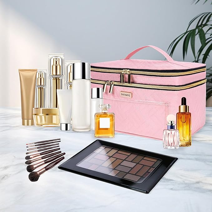 Double Layer Travel Makeup Bag for Women, Large Cosmetic Case Organizer - Image 2
