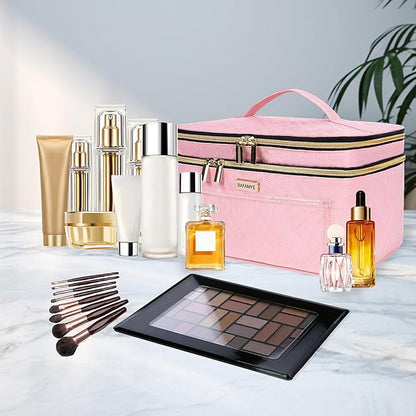 Double Layer Travel Makeup Bag for Women, Large Cosmetic Case Organizer - Image 2