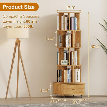 Rotating Bookshelf with Drawers on Lockable Wheels Wood Oak | 5 Tier Spinning - Image 2