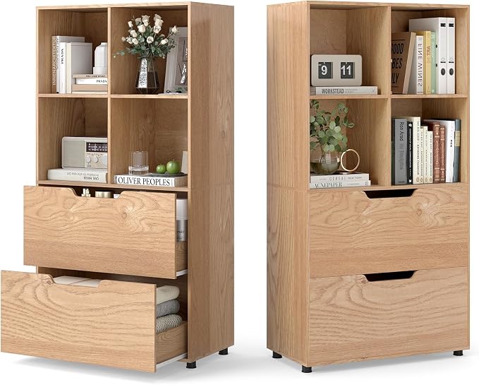 Giantex Bookshelf with 4 Cubes & 2 Drawers, 51” Tall Floor Bookcase with by Giantex