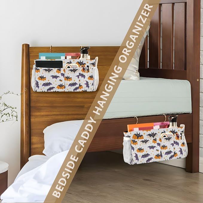 White Halloween Bats and Stars Bedside Caddy - Image 7