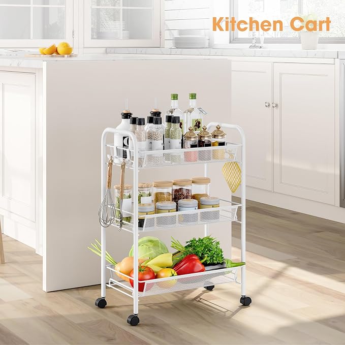 TOOLF 3-Tier Metal Rolling Cart, Mesh Wire Easy Assemble Utility Cart, Storage - Image 2