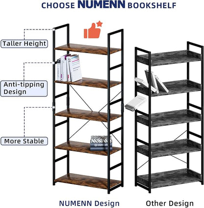 NUMENN 5 Tier Bookshelf, Tall Freestanding Open Storage Bookcase, Vintage | - Image 7