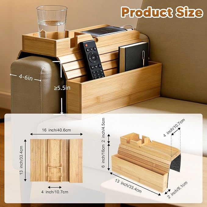 Bamboo Foldable Couch Arm Tray Storage Caddy - Image 2