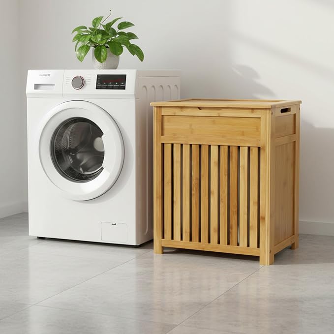 Redmon Bamboo Top Load Full Size Clothes Hamper, Side Handles, Double Hinged - Image 5