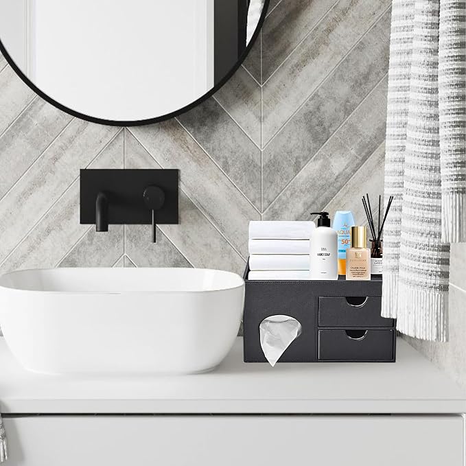 Square Tissue Box Cover with Drawers, Tissue Box Holder with Storage Tray - Image 4
