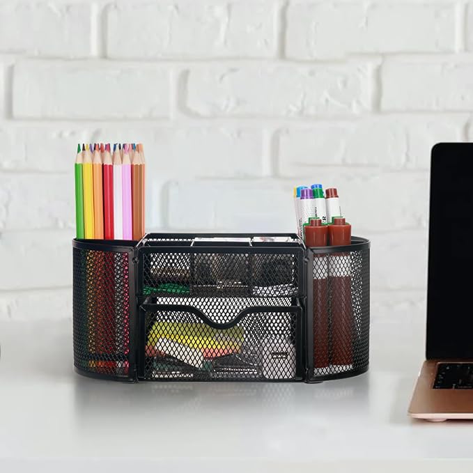 Comix Mesh Pen Pencil Holder Desk Organizer, 8 Compartment and 1 Drawer Wire - Image 7