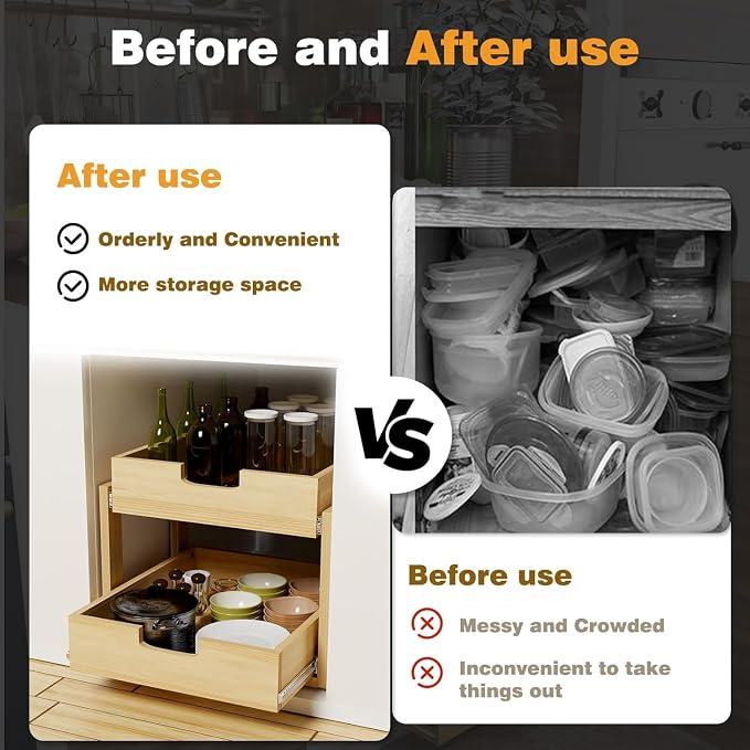 Pull Out Cabinet Organizer, 2 Tier Soft Close Slide Out Wooden Pull out Drawers - Image 6