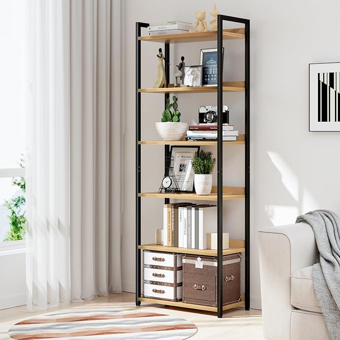 NUMENN Bookshelf, 6 Tier Freestanding Shelving Unit, Natural | Metal Frame & - Image 2
