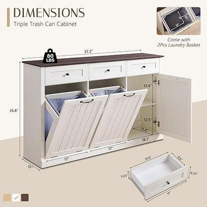 Triple Tilt Out Trash Can Cabinet, 20 Gallon Farmhouse Laundry Hamper Cabinet - Image 2