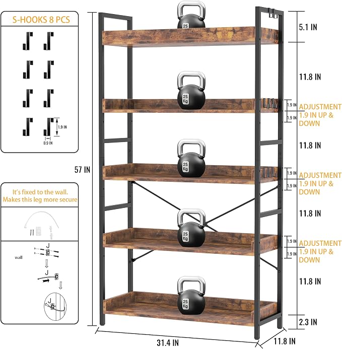 HCHQHS 5 Tier Bookshelf, Adjustable Industrial Bookcase, Vertical Tall Book - Image 4