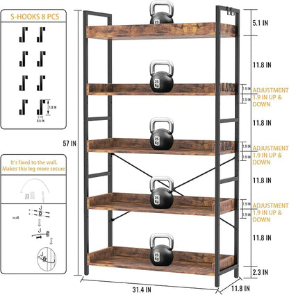 HCHQHS 5 Tier Bookshelf, Adjustable Industrial Bookcase, Vertical Tall Book - Image 4