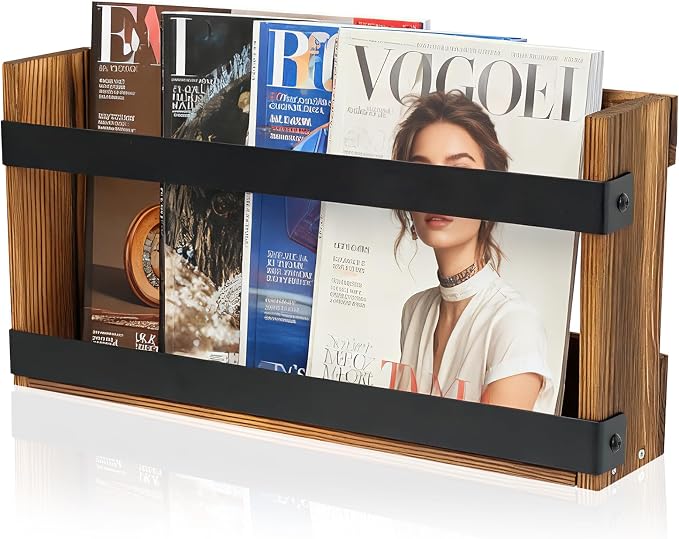 Wood Magazine Holders Wall & Bathroom Magazine Rack, Pine Wood + Black Metal by Unknown