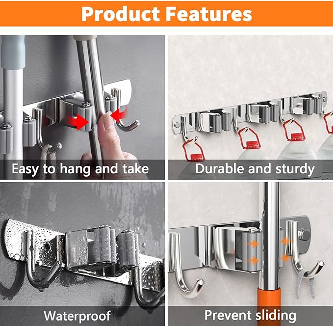 2 Pack Mop and Broom Holder Wall Mount, Non-slip Broom Hanger, Heavy Duty Mop - Image 5