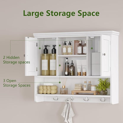 Bathroom Wall Cabinet with Doors and Hooks, 3-Tier Wall Mounted Cabinet | - Image 6