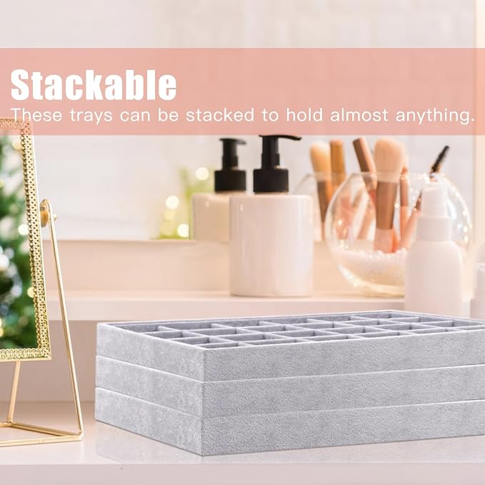 Rocutus Jewelry Trays, 3 Pack Stackable Velvet Jewelry Organizer Tray Drawer - Image 7