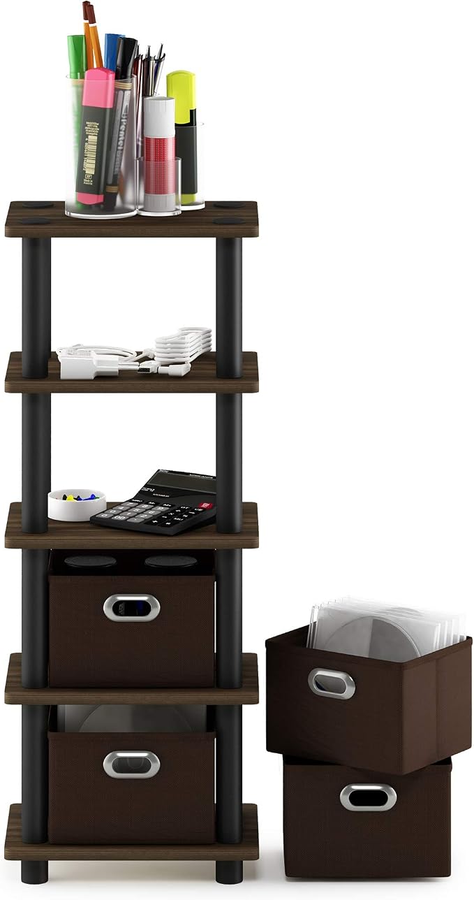 FURINNO Turn-N-Tube 4-Bins System Rack, Columbia Walnut/Black/Dark Brown - Image 6