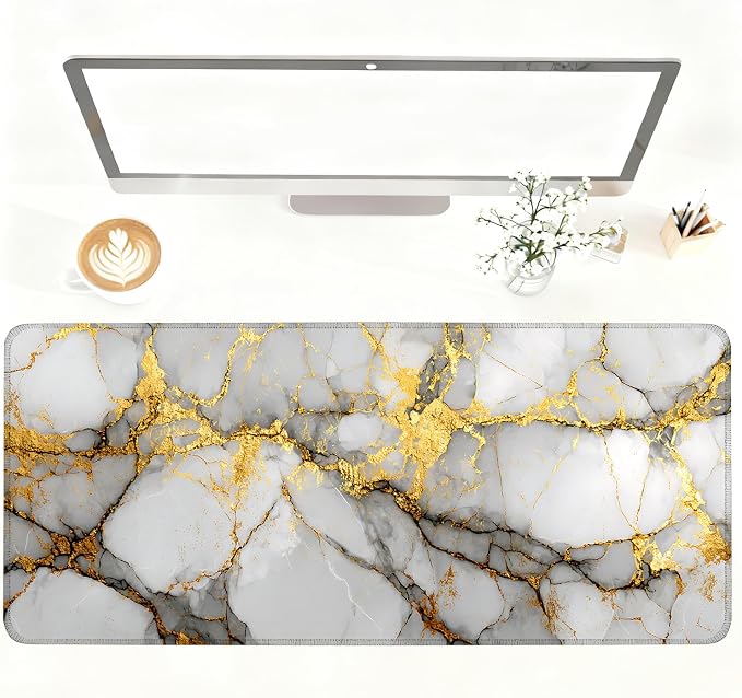White Marble Mouse Pad – Large Extended Desk Mat 35.43 x 15.75 in – Elegant by LEIWEIHOPE