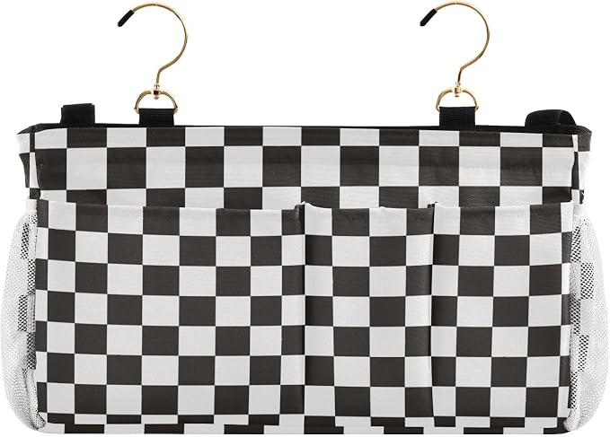 Checkered Black Bedside Caddy for Dorm Bed Bedside Hanging Caddy Bag Iron Frame by QwThum