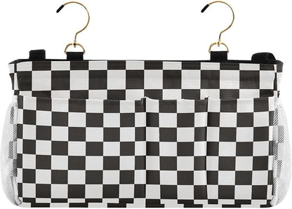 Checkered Black Bedside Caddy for Dorm Bed Bedside Hanging Caddy Bag Iron Frame by QwThum