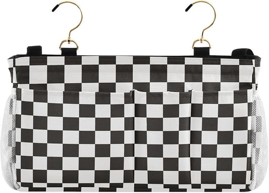 Checkered Black Bedside Caddy for Dorm Bed Bedside Hanging Caddy Bag Iron Frame by QwThum