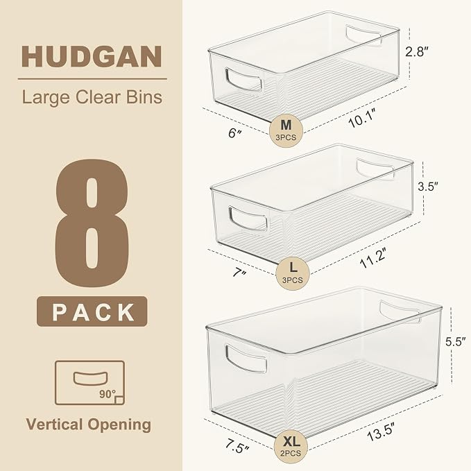 Hudgan 8 Pack Freezer Organizer Bins, Pantry | Straight Side, 3 Sizes, 2 XL - Image 4