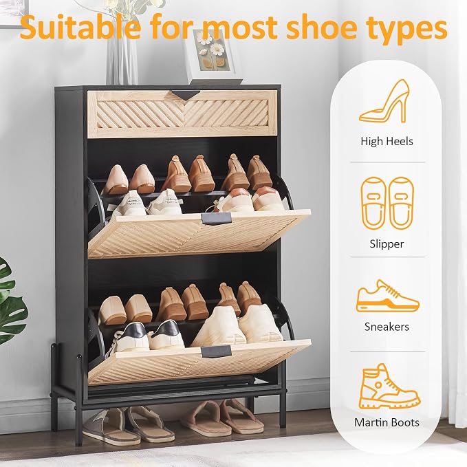 Shoe Cabinet with 2 Flip Drawers, Narrow Entryway Rack, Oak&Black | Slanted - Image 3