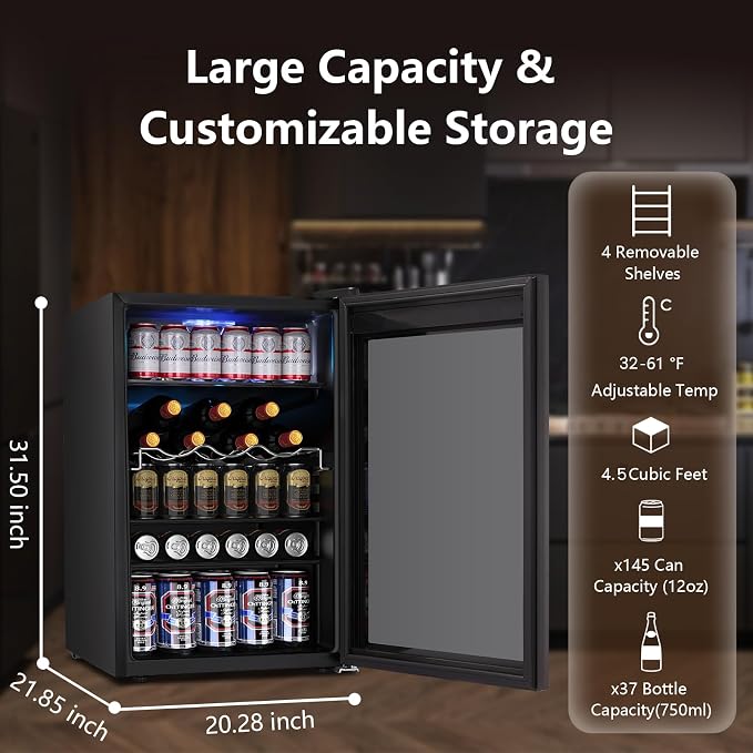 37 Bottle Wine Fridge, Freestanding 145 Can Beverage Refrigerator - Image 2