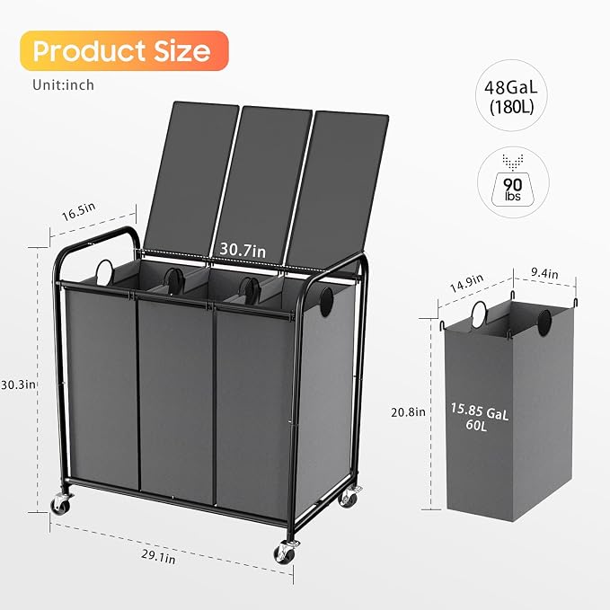 180L Laundry Sorter 3 Section, Rolling Laundry Basket - Image 2