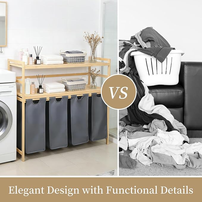 Bamboo Laundry Hamper with Shelf 200L, Laundry Basket 2-Tier with 4 Pull-Out - Image 2